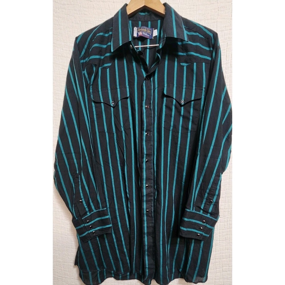 Vintage Panhandle Slim Shirt Mens 18x34 Blue Black‎ Pearl Snap Long Sleeve Rodeo